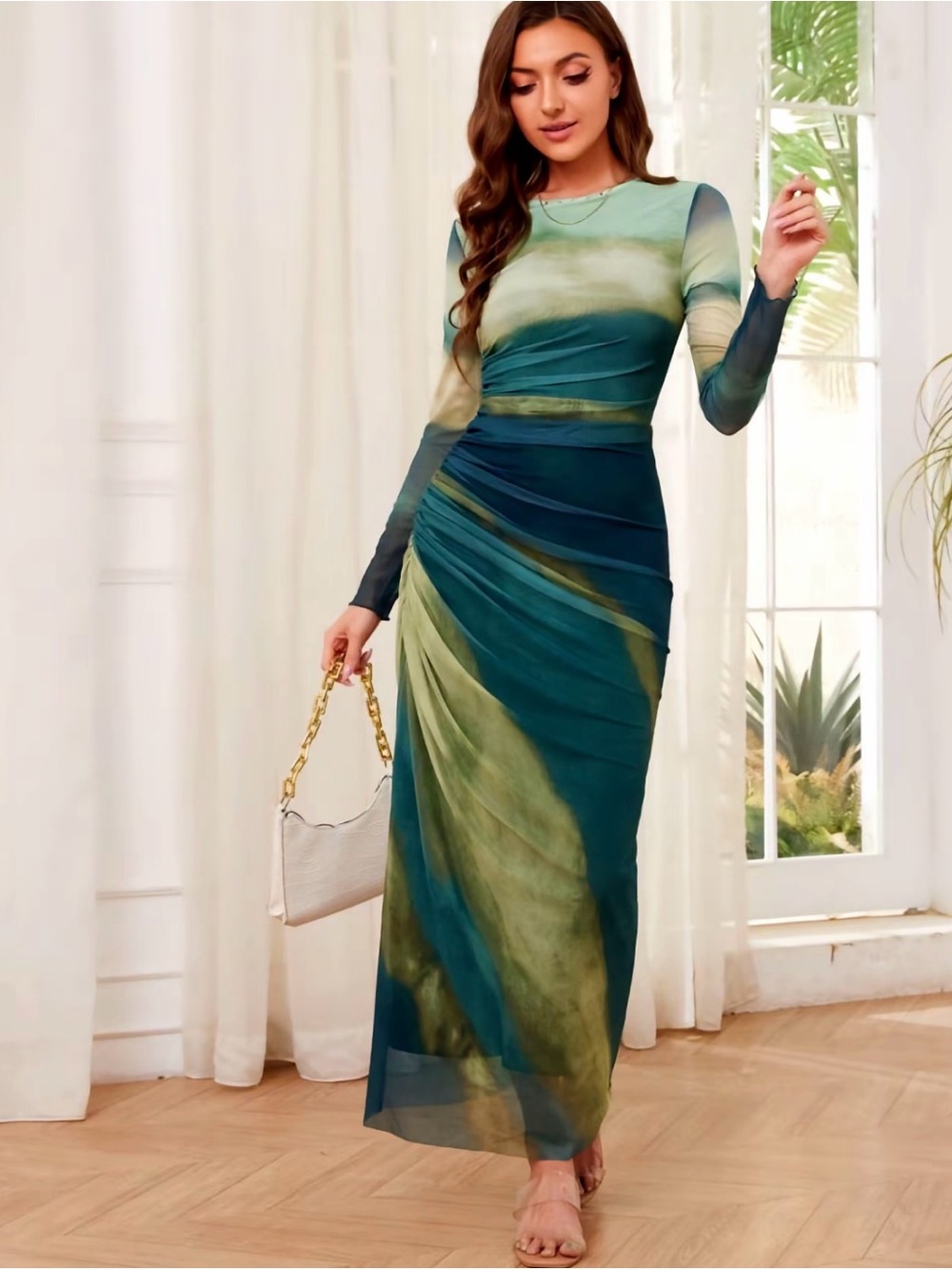 Blue Green Mesh Ruched Maxi Dress Sheer Long Sleeve Bodycon Size M NWOT